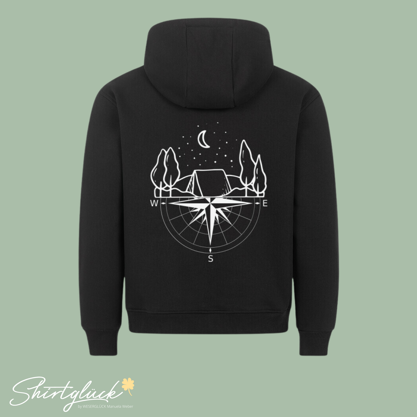 SHIRTGLÜCK Premium Hoodie „Happy Camper“ in schwarz | Motiv: Zelt im Wald und Kompass