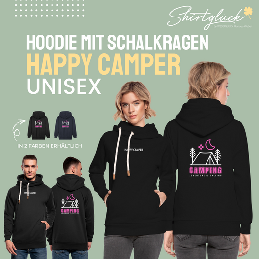 SHIRTGLÜCK Unisex Schalkragen Hoodie "HAPPY CAMPER" mit Zelt in pink