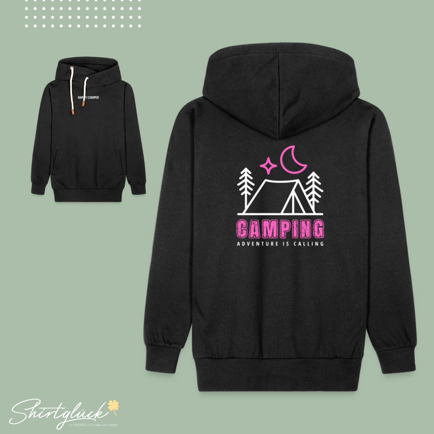 SHIRTGLÜCK Unisex Schalkragen Hoodie "HAPPY CAMPER" mit Zelt in pink