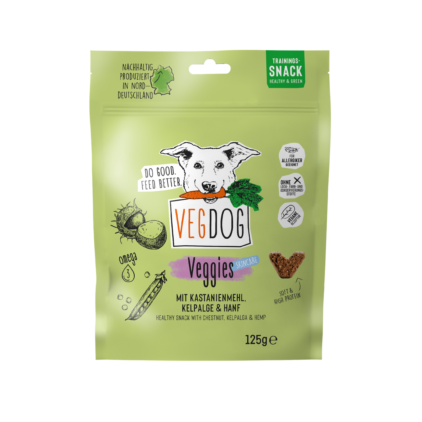 VEGDOG Hundetrainingssnack "VEGGIES skincare" mit Favabohne, Sanddorn & Kurkuma - 125g | vegan