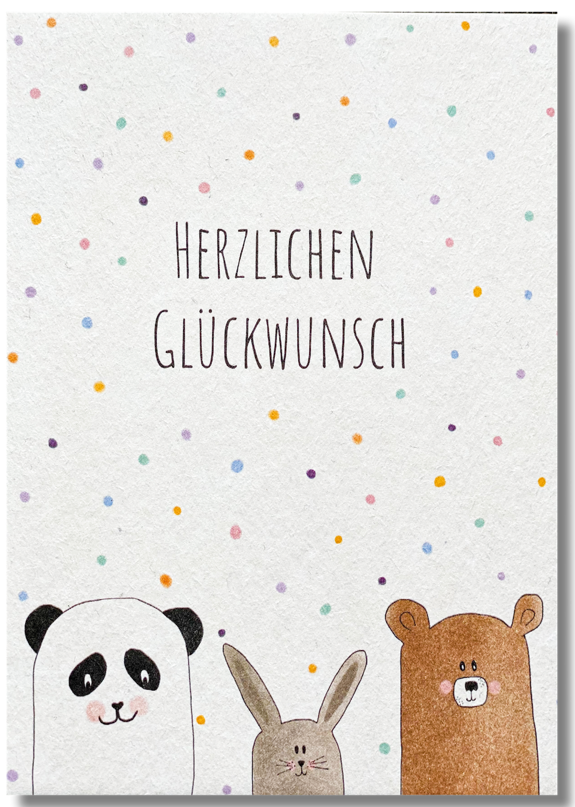 KEITCARDS Postkarte aus Holzschliffkarton mit Panda, Hase, Bär & bunten Punkten "3 Freunde - Herzlichen Glückwunsch" | DIN A6