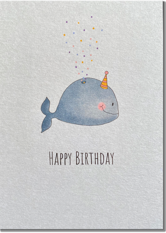 KEITCARDS Postkarte aus Holzschliffkarton in blau mit bunten Punkten und Wal "Happy Birthday - Wal" | DIN A6