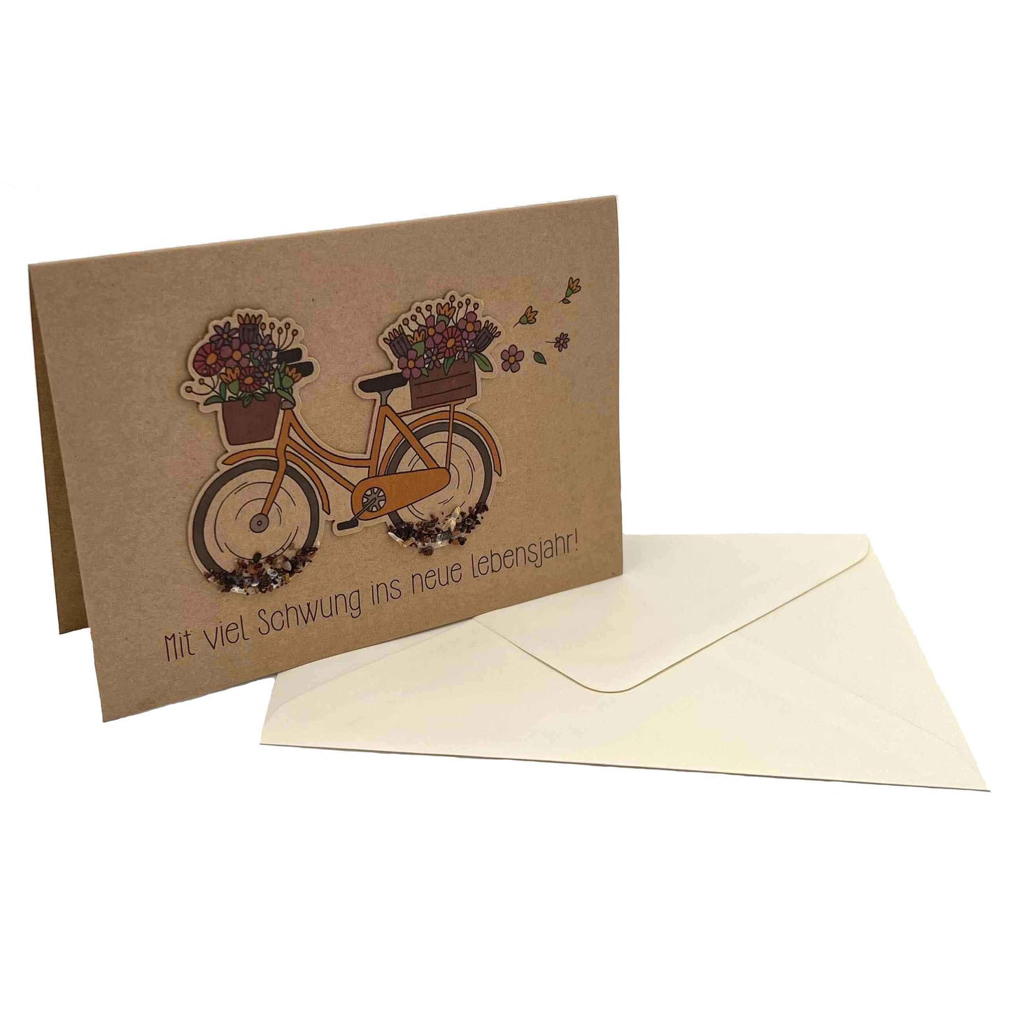 DIE STADTGÄRTNER hangefertigte Grußkarte / Klappkarte "Mit viel Schwung ins neue Lebensjahr!" mit Fahrrad aus dicker Pappe zum Einpflanzen inkl. Umschlag