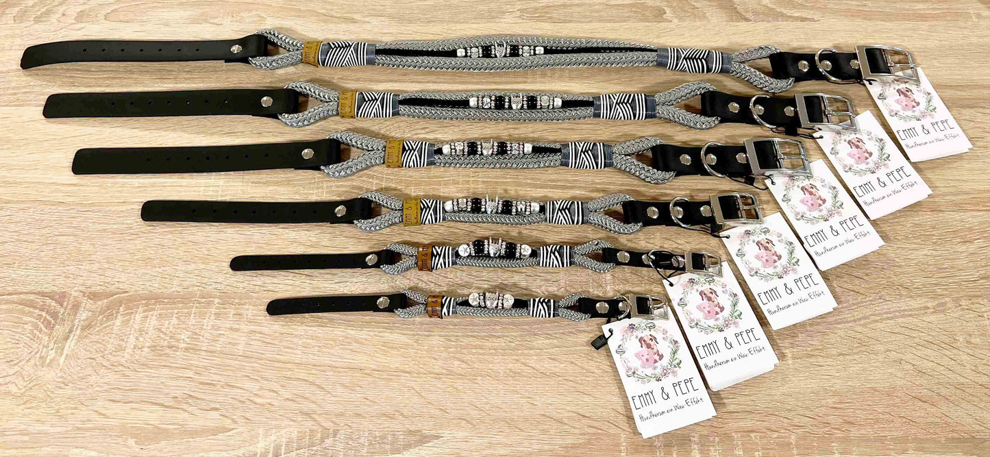 EMMY & PEPE Handgefertigtes Hundehalsband "Hardrock" mit Zierperlen und Metalhand | vegan