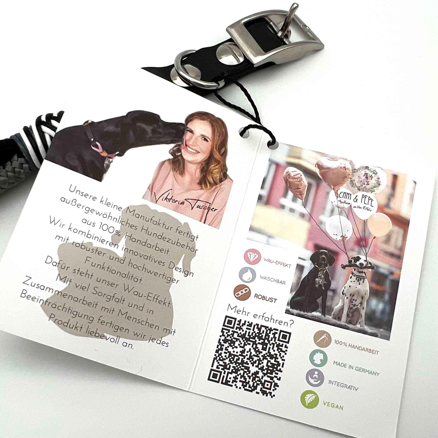 EMMY & PEPE Handgefertigtes Hundehalsband "Hardrock" mit Zierperlen und Metalhand | vegan