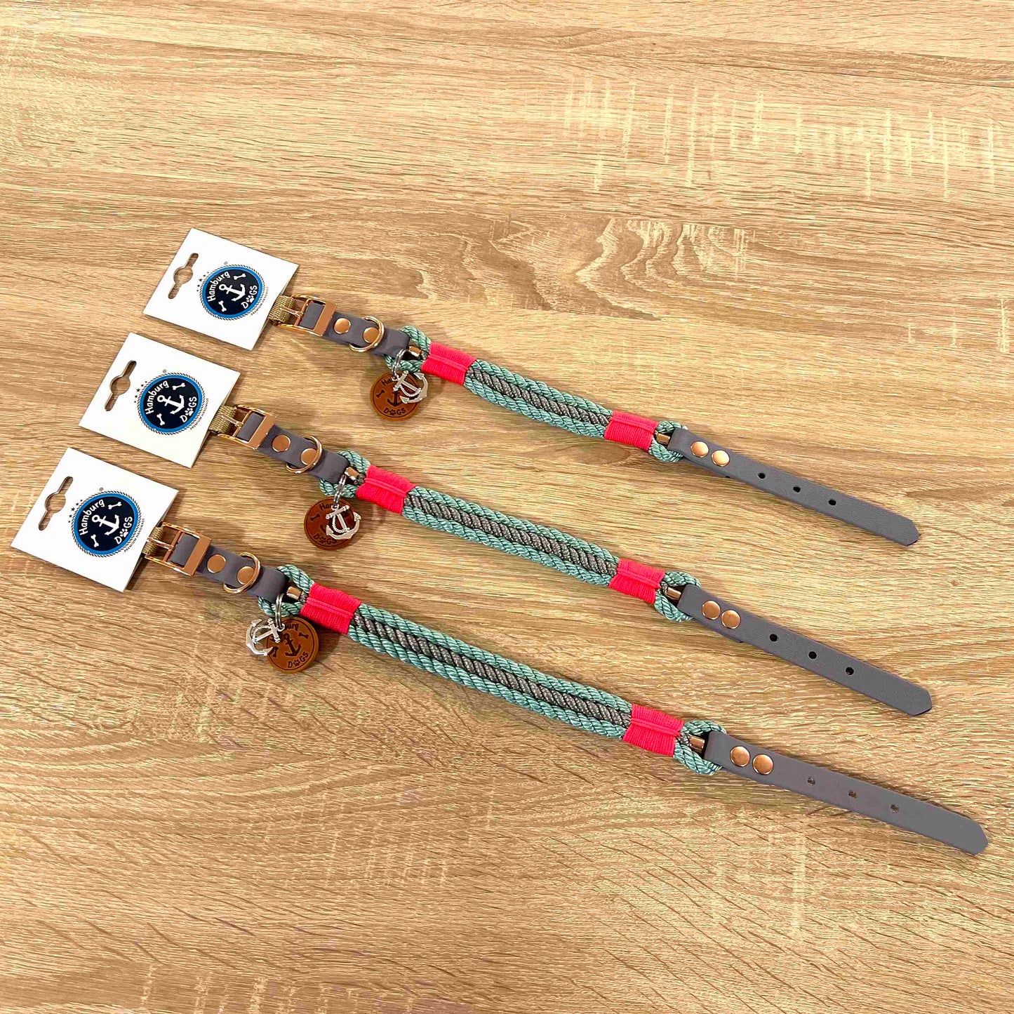 HAMBURG DOGS Handgefertigtes Hundehalsband Bootsmann Sea Gras MINI Flamingo mit BioThane-Riemen | XS, S & M