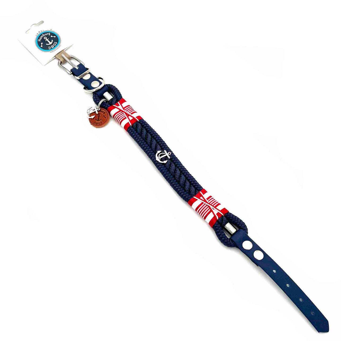 HAMBURG DOGS Handgefertigtes Hundehalsband JP Fiete Navy Blau | rot-weißmit BioThane-Riemen | L, XL, XXL & XXXL