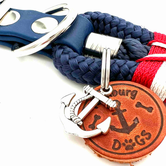 Hundehalsband JP Fiete von "Hamburg Dogs" in dunkelblau mit Takelung rot-weiß