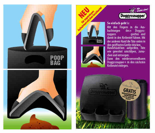 THE SUSTAINABLE PEOPLE Set Doggyssnapper - handlicher Kotbeutelgreifer aus Gummi | inkl. 1 Rolle biologisch abbaubarer Hundekotbeutel | schwarz