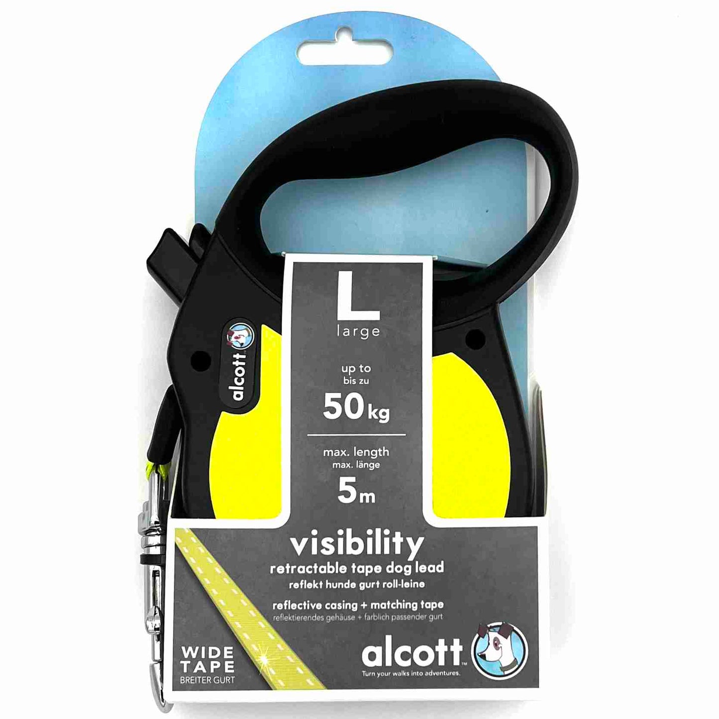 ALCOTT Reflektierende gelbe NEON Rollleine mit breitem Gurt | Bremstaste & Dauerstop | 5m Länge