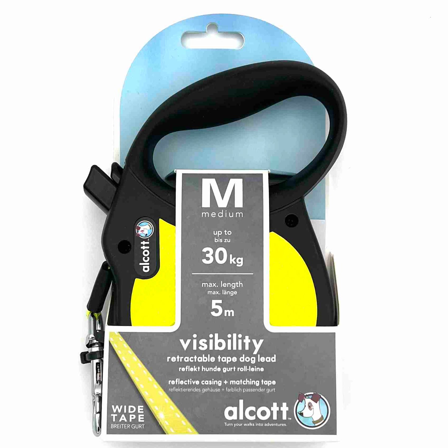 ALCOTT Reflektierende gelbe NEON Rollleine mit breitem Gurt | Bremstaste & Dauerstop | 5m Länge