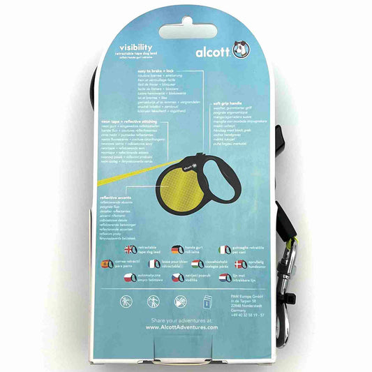 ALCOTT Reflektierende gelbe NEON Rollleine mit breitem Gurt | Bremstaste & Dauerstop | 5m Länge