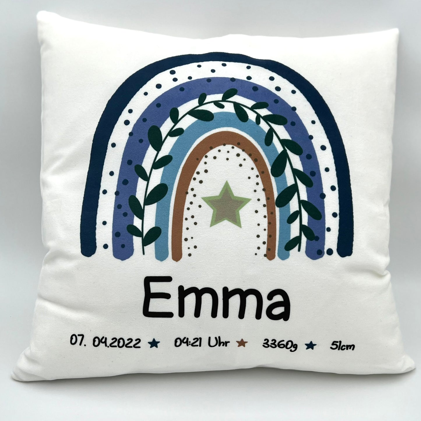 WESERGLÜCK Geburtskissen / Babykissen EMMA mit Regenbogen in blau-lila-grün inkl. Füllung | 40x40cm | personalisierbar