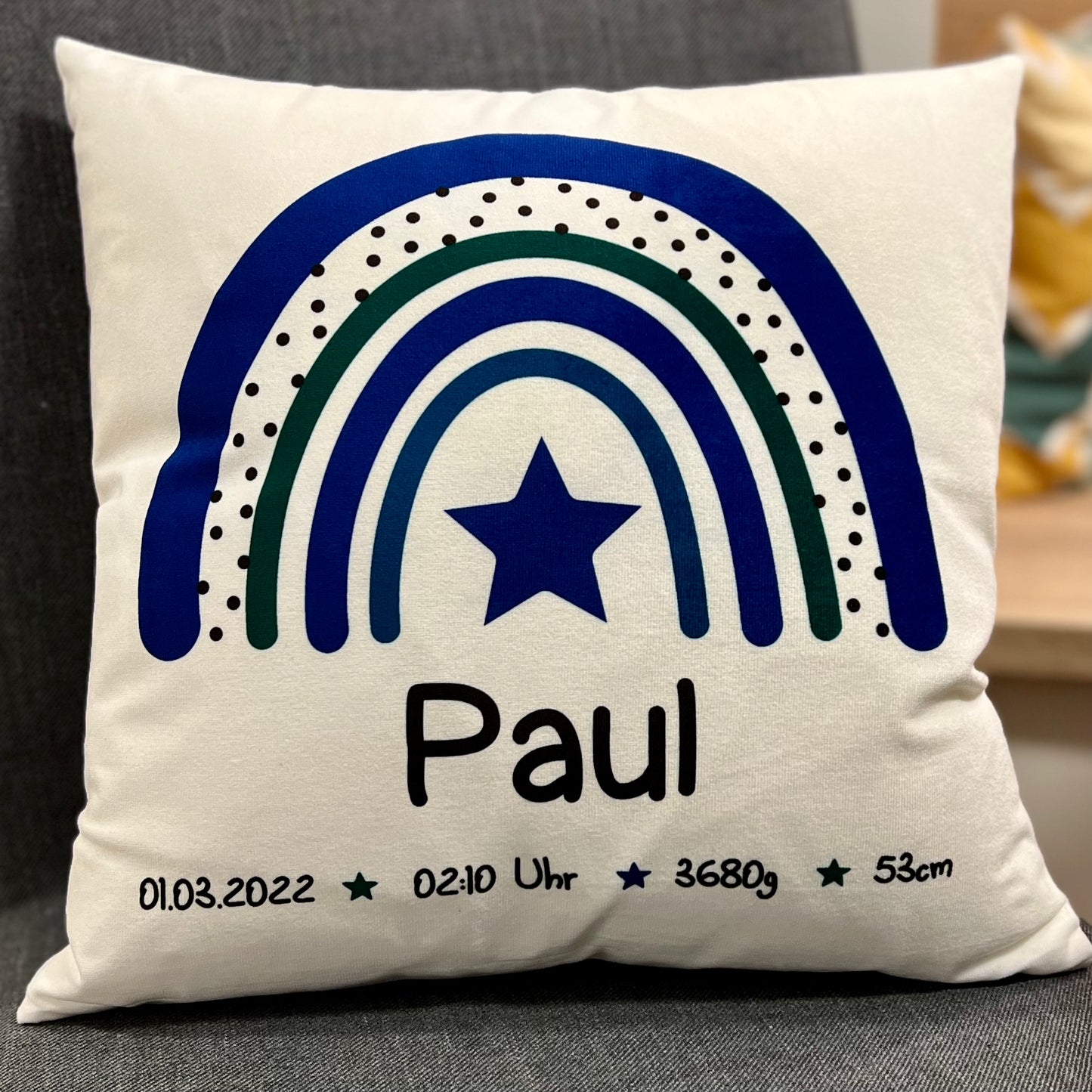 WESERGLÜCK Geburtskissen / Babykissen PAUL mit Regenbogen in blau-grün inkl. Füllung | 40x40cm | personalisierbar