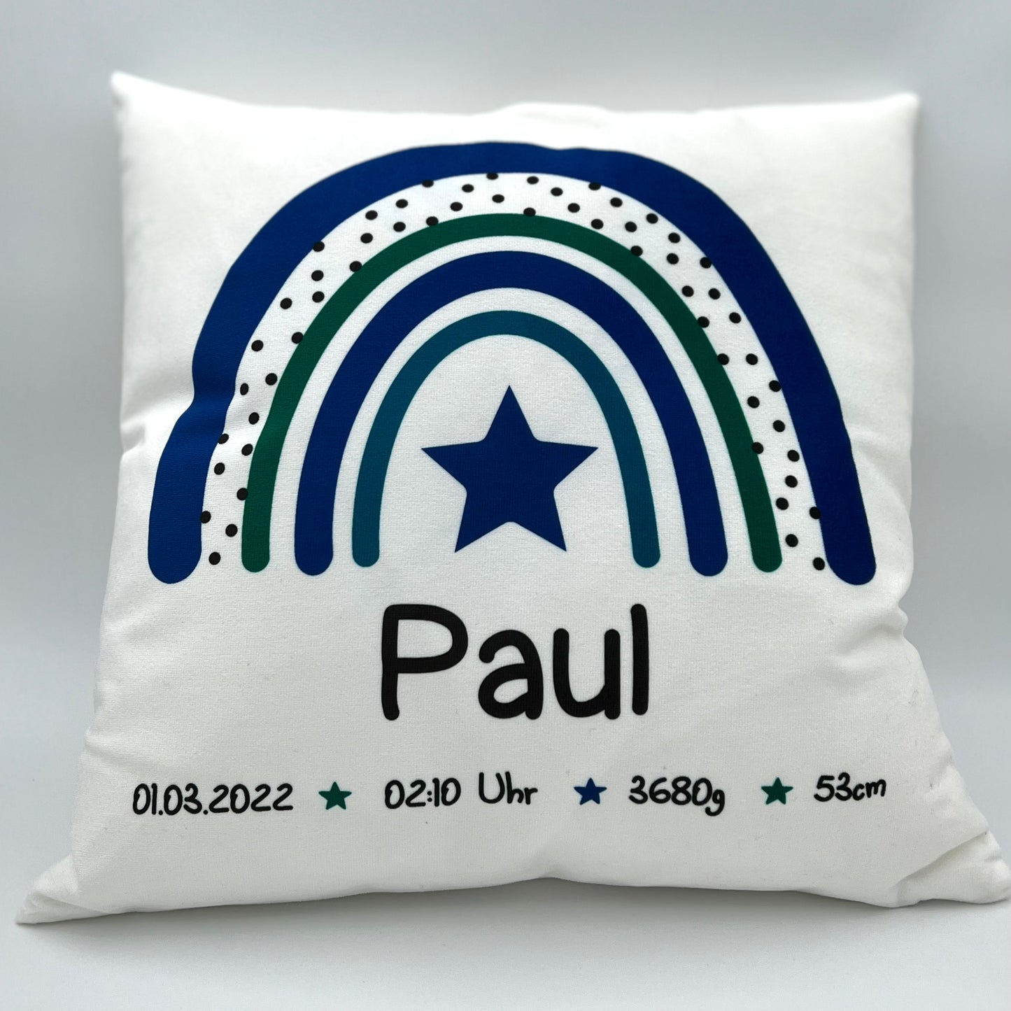 WESERGLÜCK Geburtskissen / Babykissen PAUL mit Regenbogen in blau-grün inkl. Füllung | 40x40cm | personalisierbar