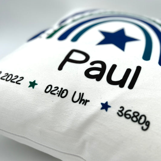 WESERGLÜCK Geburtskissen / Babykissen PAUL mit Regenbogen in blau-grün inkl. Füllung | 40x40cm | personalisierbar