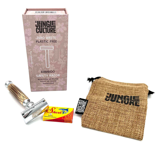 JUNGLE CULTURE umweltfreundlicher Rasierhobel aus Edelstahl mit Griff aus Bambusholz inkl. Reisebeutel & 5 Rasierklingen | plastikfrei
