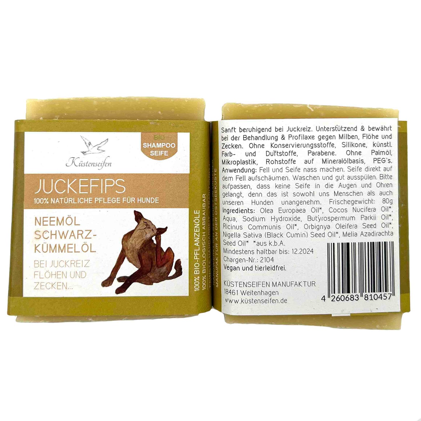 KÜSTENSEIFEN MANUFAKTUR handgesiedete Hundeseife für empfindliche und trockene Haut | 80g | natürliche Pflege | vegan