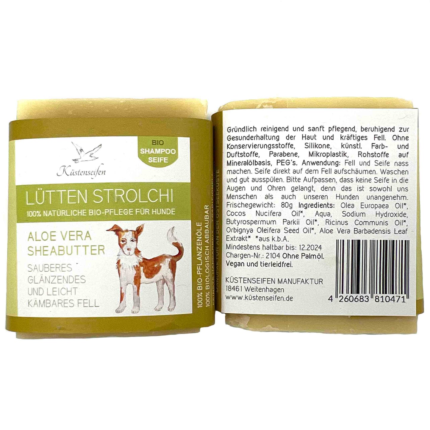 KÜSTENSEIFEN MANUFAKTUR handgesiedete Hundeseife für empfindliche und trockene Haut | 80g | natürliche Pflege | vegan