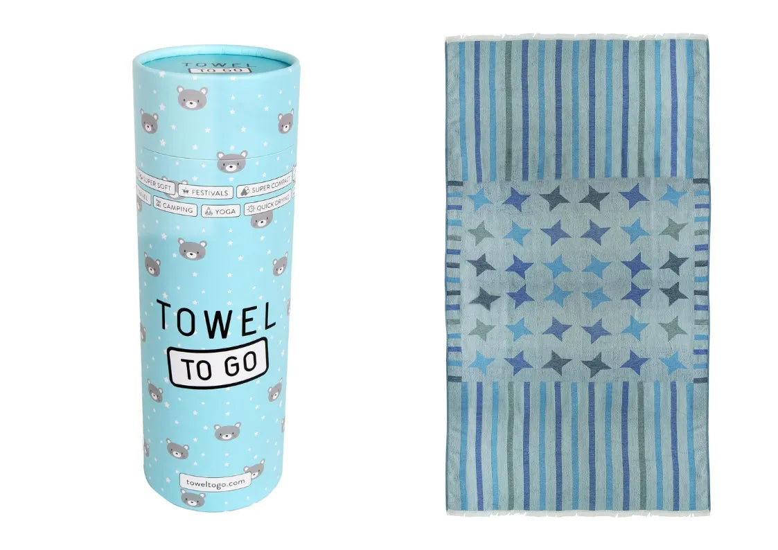 TOWEL TO GO Kids Star türkis | handgefertigtes Hammamtuch / Baumwolltuch / Baumwolldecke | Reisehandtuch | extra saugstark | 100% reine Baumwolle | vegan