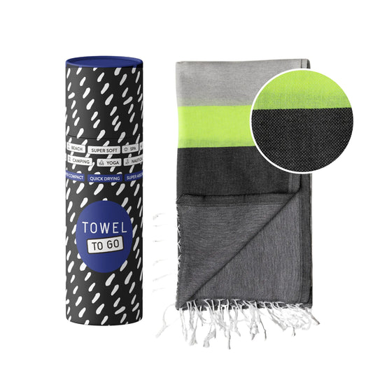 TOWEL TO GO Neon grau & schwarz | handgefertigtes Hammamtuch / Baumwolltuch / Baumwolldecke | Reisehandtuch | extra saugstark | 100% reine Baumwolle | vegan