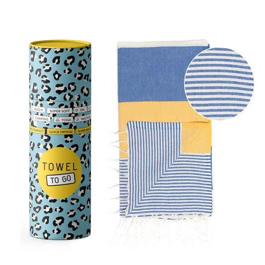 TOWEL TO GO Palermo blau & gelb | handgefertigtes Hammamtuch / Baumwolltuch / Baumwolldecke | Reisehandtuch | extra saugstark | 100% reine Baumwolle | vegan