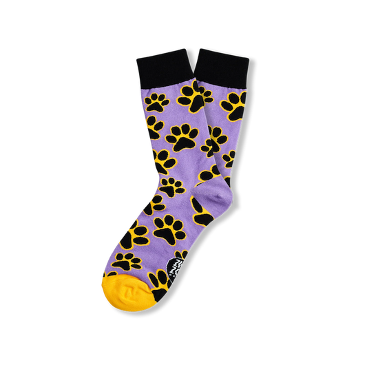 ZIGGI ZOOG Socken mit Pfotenabdrücken "Purple Paws" | schwarz, lila & gelb | Baumwolle, Polyamide, Elastan | one size