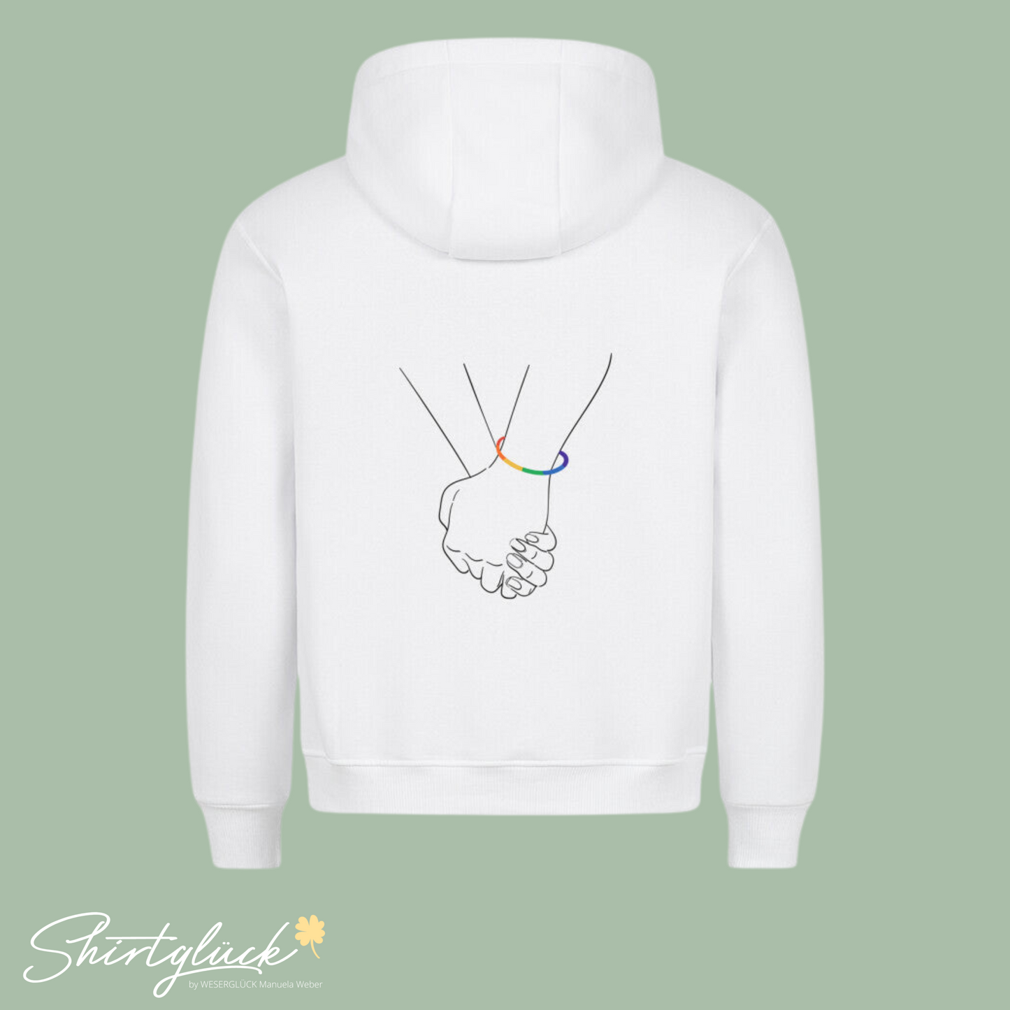 SHIRTGLÜCK Premium Unisex Hoodie „NOT A PHASE“ in weiß, hellgelb oder hellblau | Motiv: Händchenhalten mit Regenbogenarmband