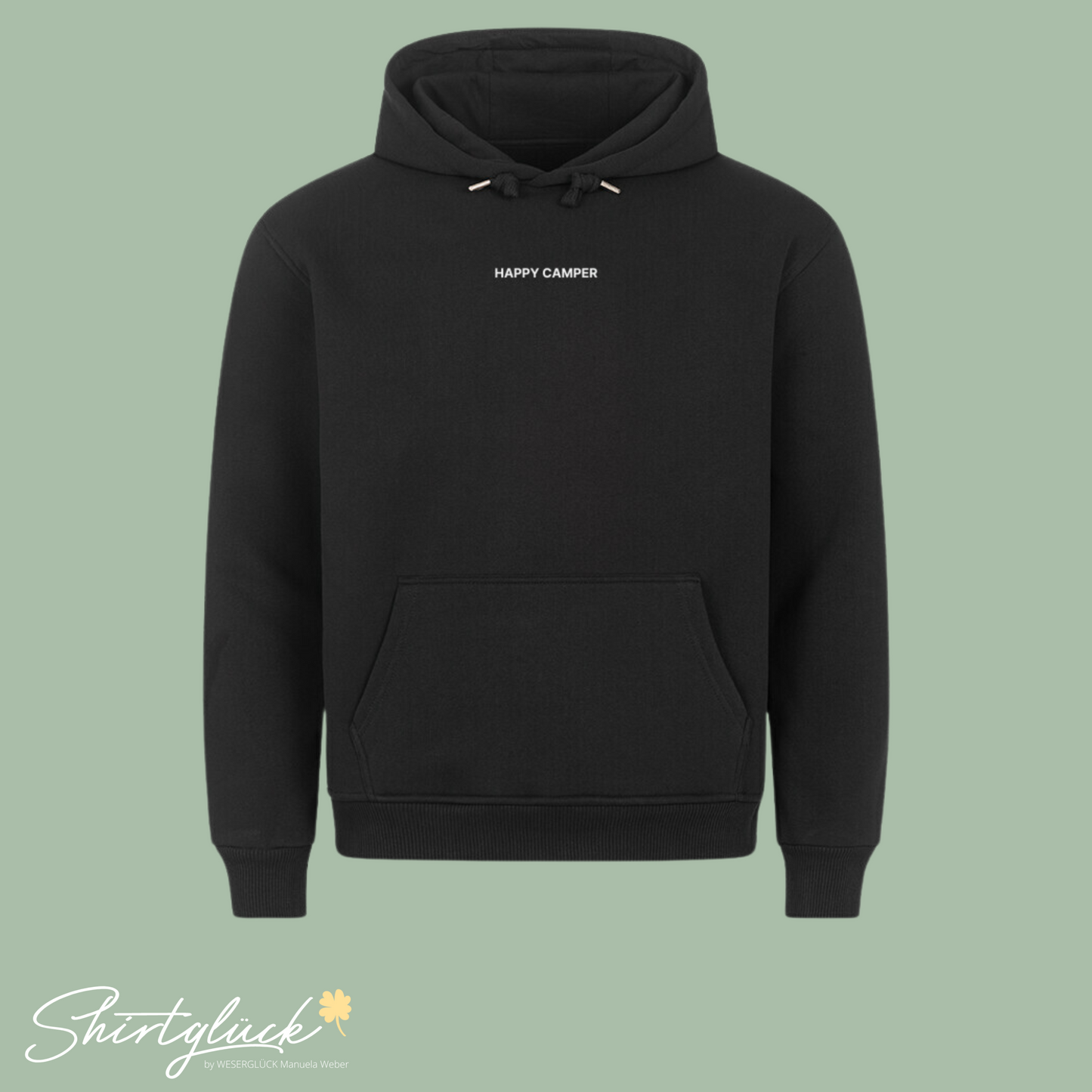 SHIRTGLÜCK Premium Hoodie „Happy Camper“ in schwarz | Motiv: Zelt im Wald und Kompass