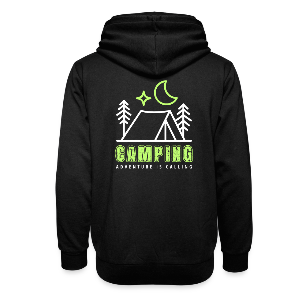 SHIRTGLÜCK Unisex Schalkragen Hoodie "Happy Camper" mit Zelt in grün - Schwarz