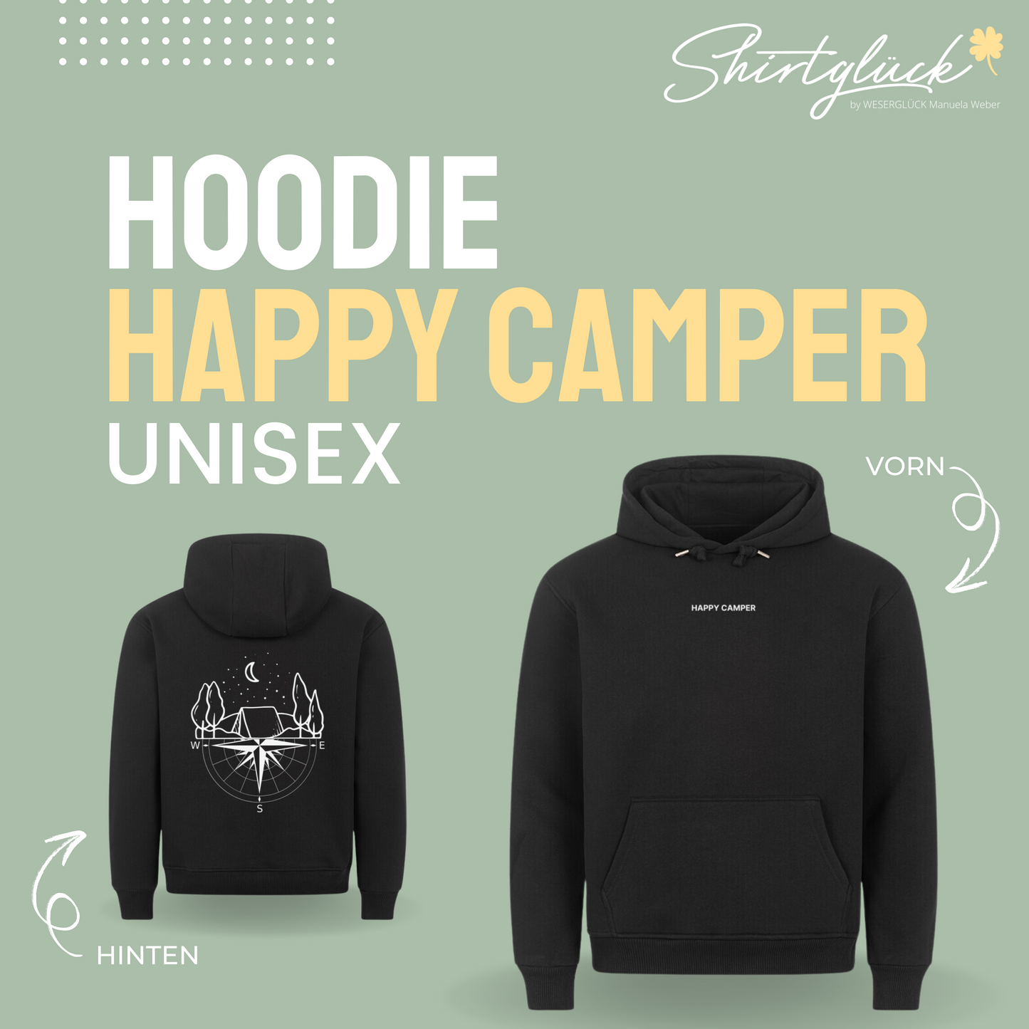 SHIRTGLÜCK Premium Hoodie „Happy Camper“ in schwarz | Motiv: Zelt im Wald und Kompass