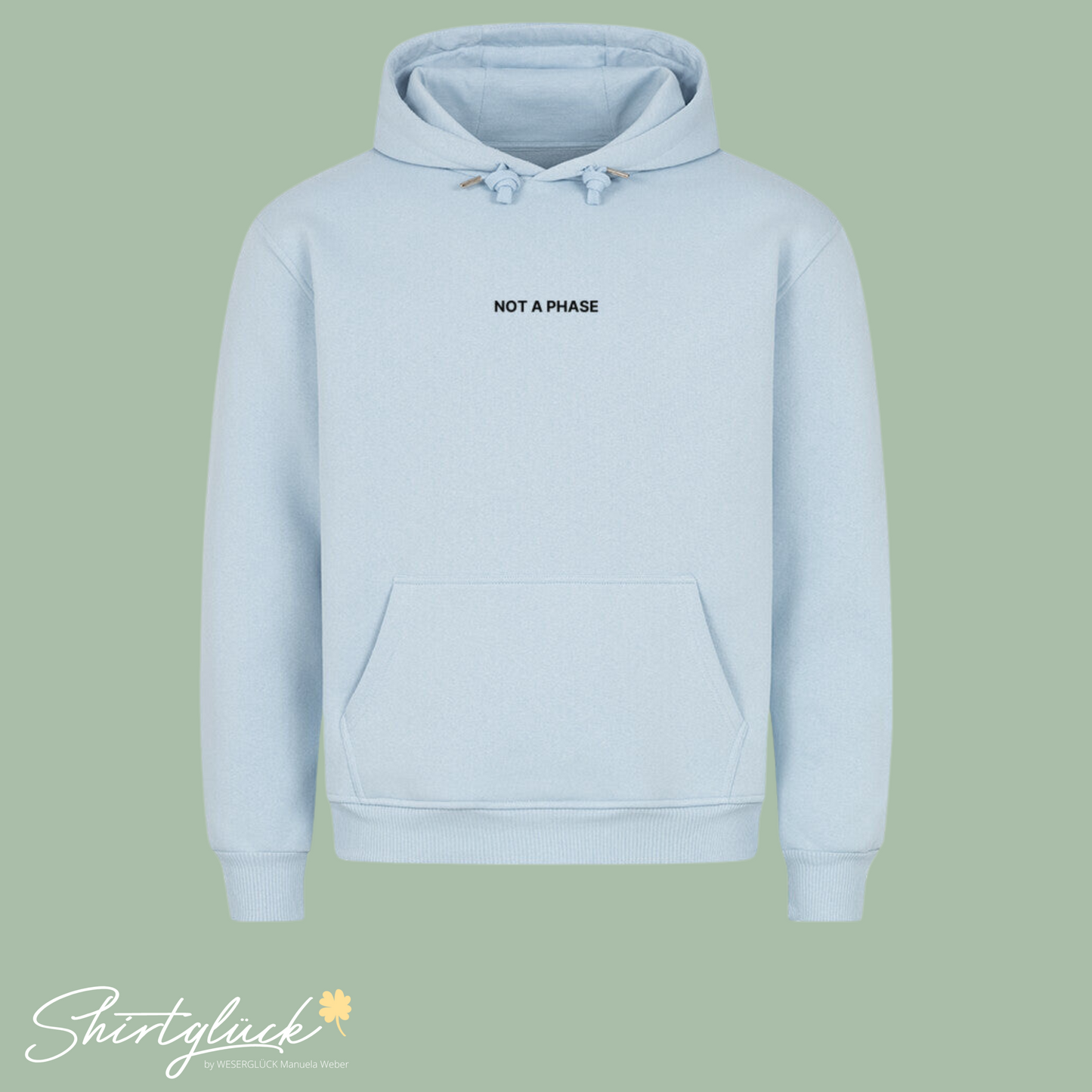 SHIRTGLÜCK Premium Unisex Hoodie „NOT A PHASE“ in weiß, hellgelb oder hellblau | Motiv: Händchenhalten mit Regenbogenarmband