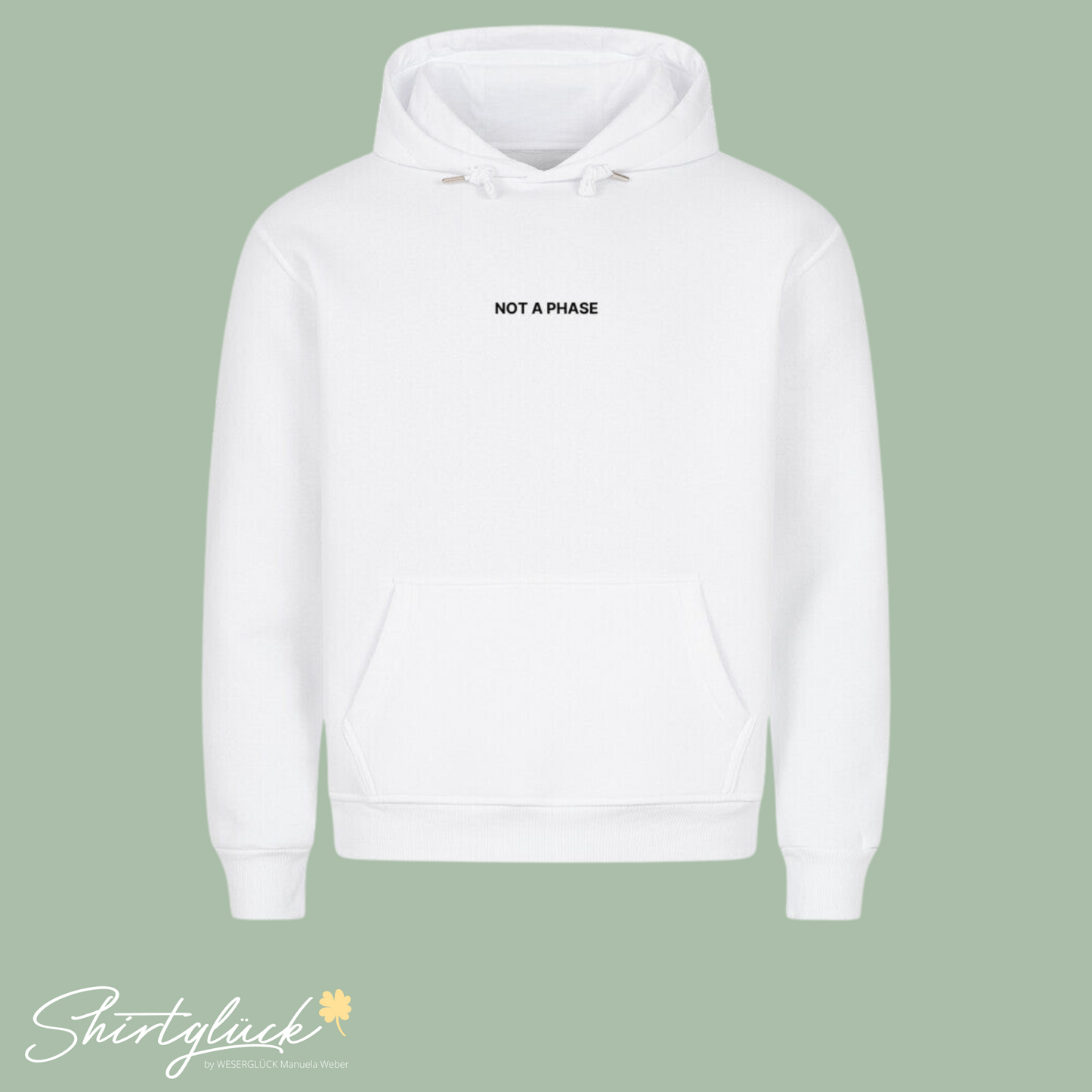 SHIRTGLÜCK Premium Unisex Hoodie „NOT A PHASE“ in weiß, hellgelb oder hellblau | Motiv: Händchenhalten mit Regenbogenarmband