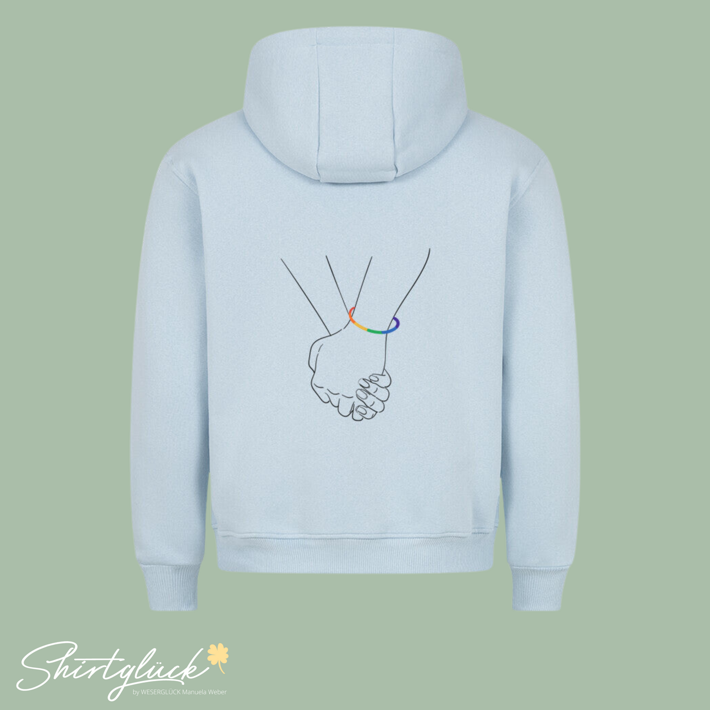 SHIRTGLÜCK Premium Unisex Hoodie „NOT A PHASE“ in weiß, hellgelb oder hellblau | Motiv: Händchenhalten mit Regenbogenarmband