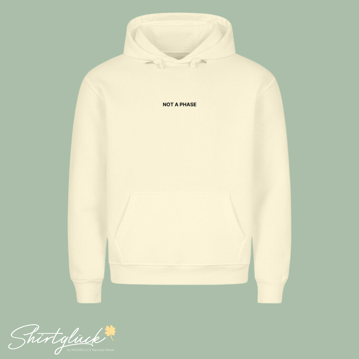 SHIRTGLÜCK Premium Unisex Hoodie „NOT A PHASE“ in weiß, hellgelb oder hellblau | Motiv: Händchenhalten mit Regenbogenarmband