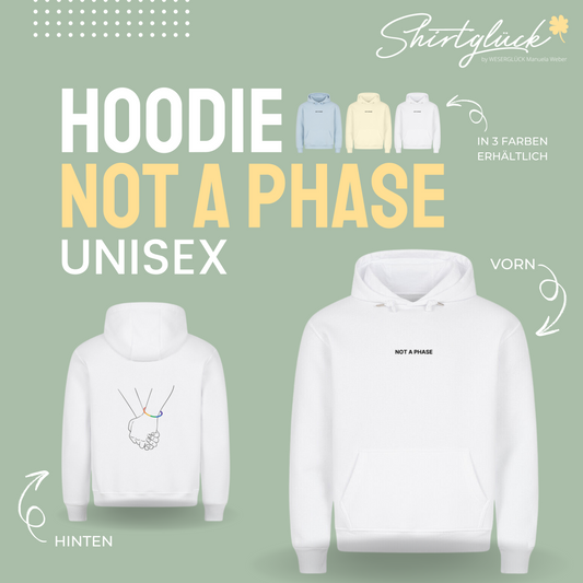 SHIRTGLÜCK Premium Unisex Hoodie „NOT A PHASE“ in weiß, hellgelb oder hellblau | Motiv: Händchenhalten mit Regenbogenarmband