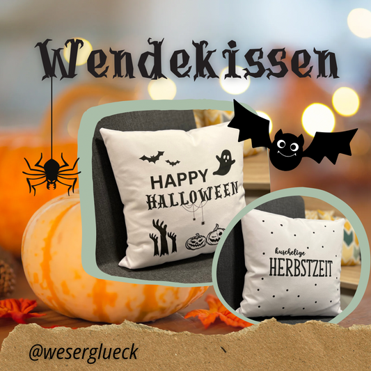 WESERGLÜCK Wendekissen „Happy Halloween“ und „kuschelige Herbstzeit inkl. Füllung | 40x40cm | personalisierbar
