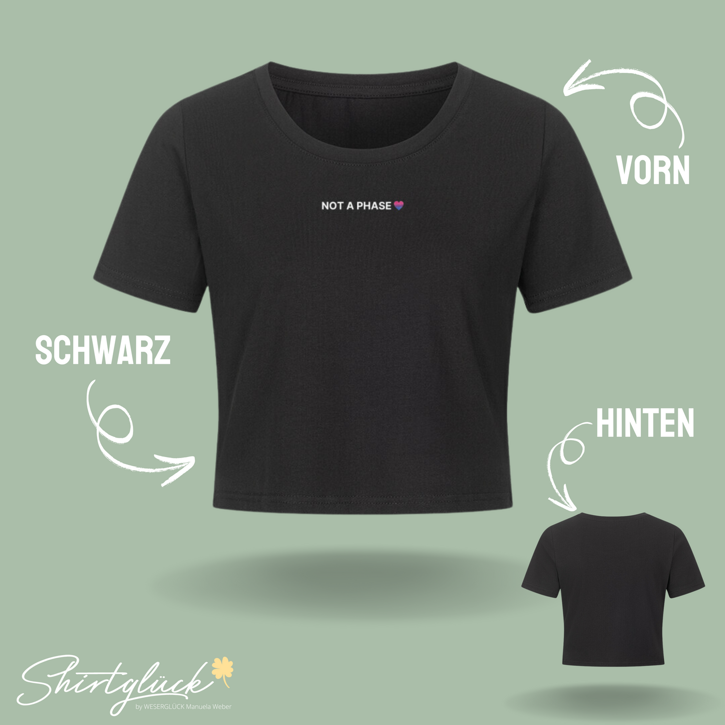 SHIRTGLÜCK Ladies Cropped Shirt „NOT A PHASE“ in schwarz oder weiß | Motiv: Herz in rosa, lila und blau