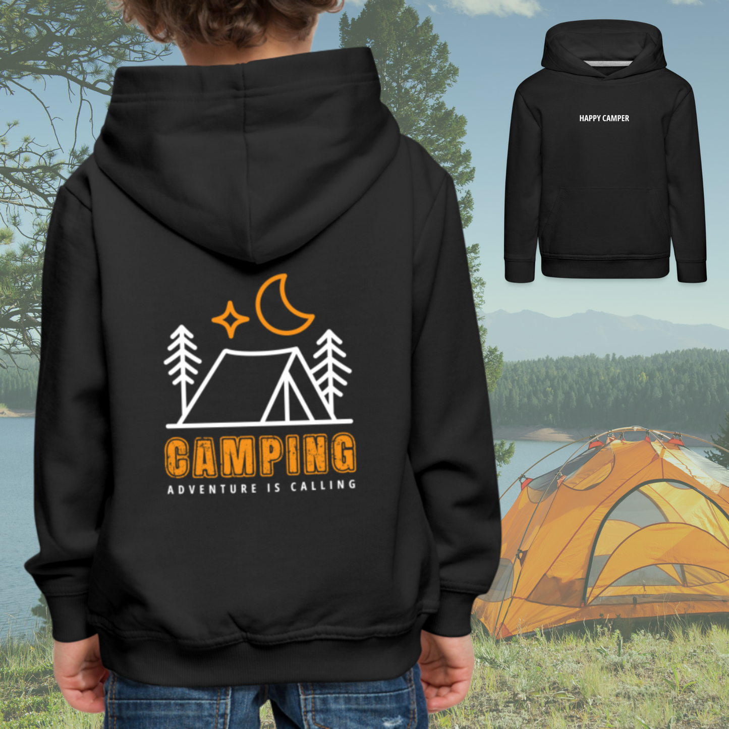 SHIRTGLÜCK Kinder Premium Hoodie „Happy Camper - Adventure is calling“ mit Farbakzent in orange