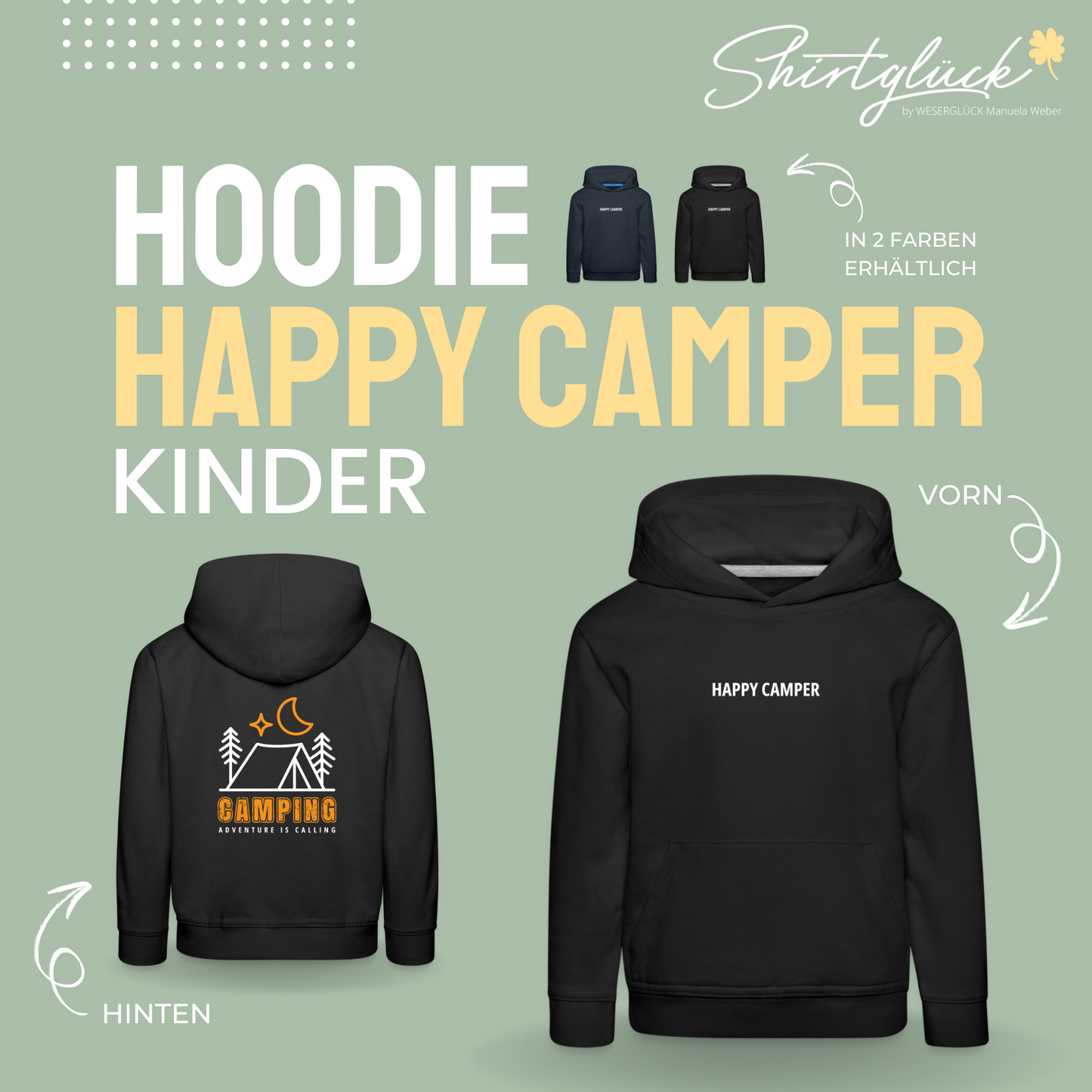 SHIRTGLÜCK Kinder Premium Hoodie „Happy Camper - Adventure is calling“ mit Farbakzent in orange