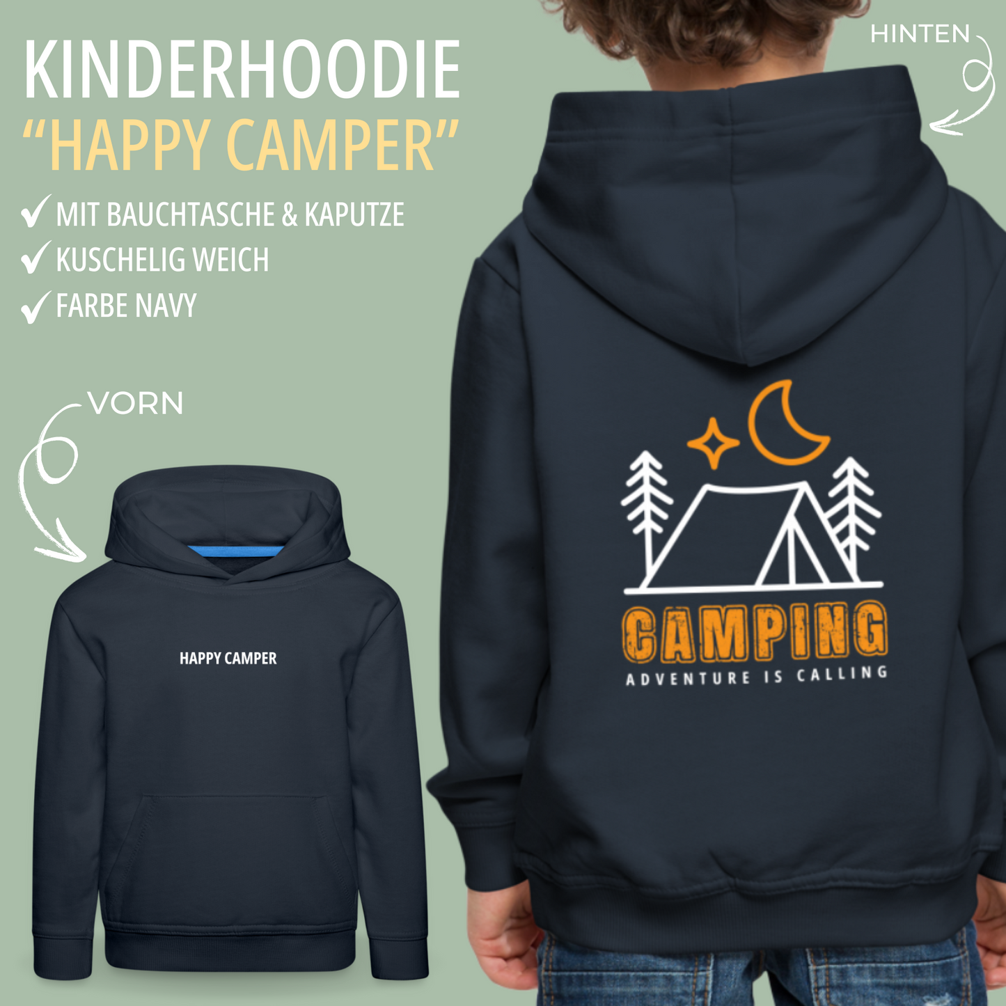 SHIRTGLÜCK Kinder Premium Hoodie „Happy Camper - Adventure is calling“ mit Farbakzent in orange