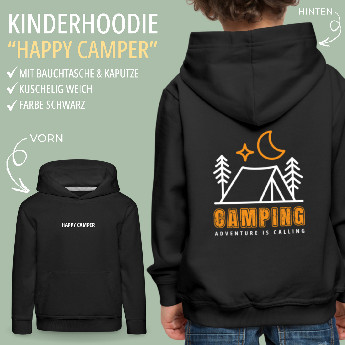 SHIRTGLÜCK Kinder Premium Hoodie „Happy Camper - Adventure is calling“ mit Farbakzent in orange