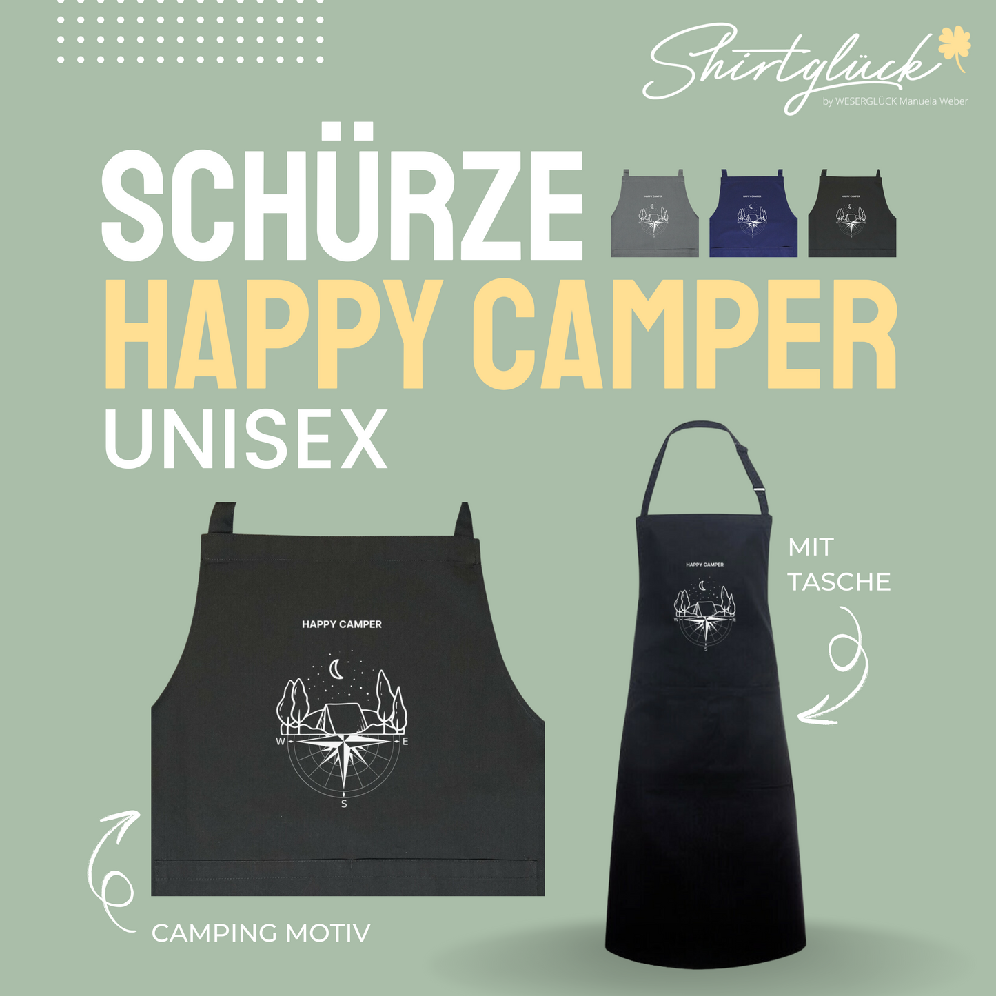 SHIRTGLÜCK Latzschürze "Happy Camper" in schwarz, grau oder navy | Motiv: Zelt im Wald und Kompass