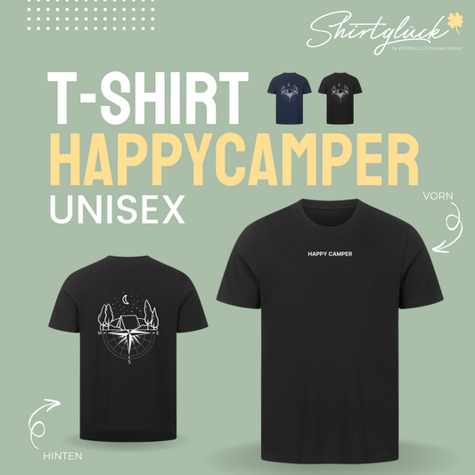 SHIRTGLÜCK Premium Unisex T-Shirt „HAPPYCAMPER“ in schwarz oder blau | Motiv: Zelt im Wald und Kompass