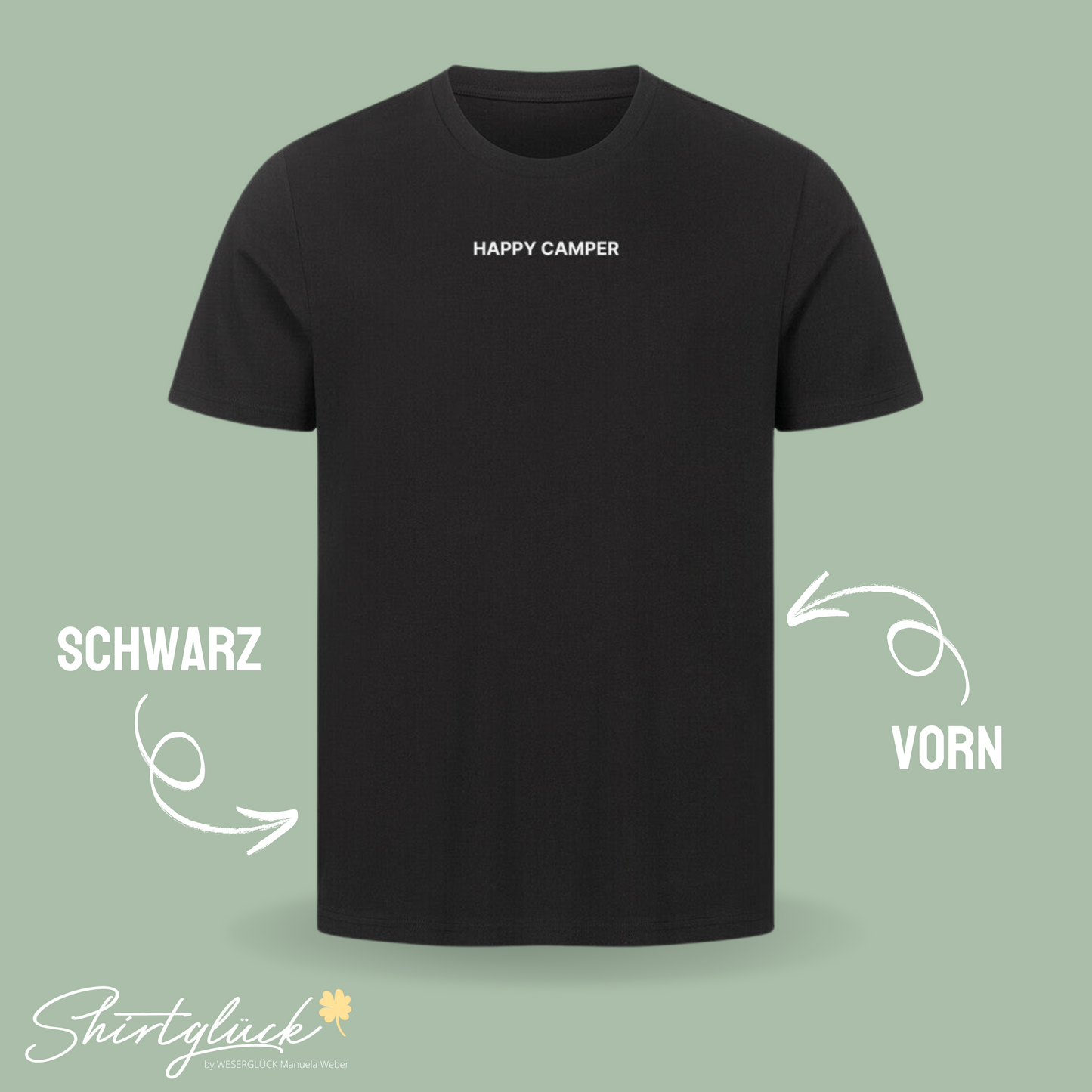 SHIRTGLÜCK Premium Unisex T-Shirt „HAPPYCAMPER“ in schwarz oder blau | Motiv: Zelt im Wald und Kompass