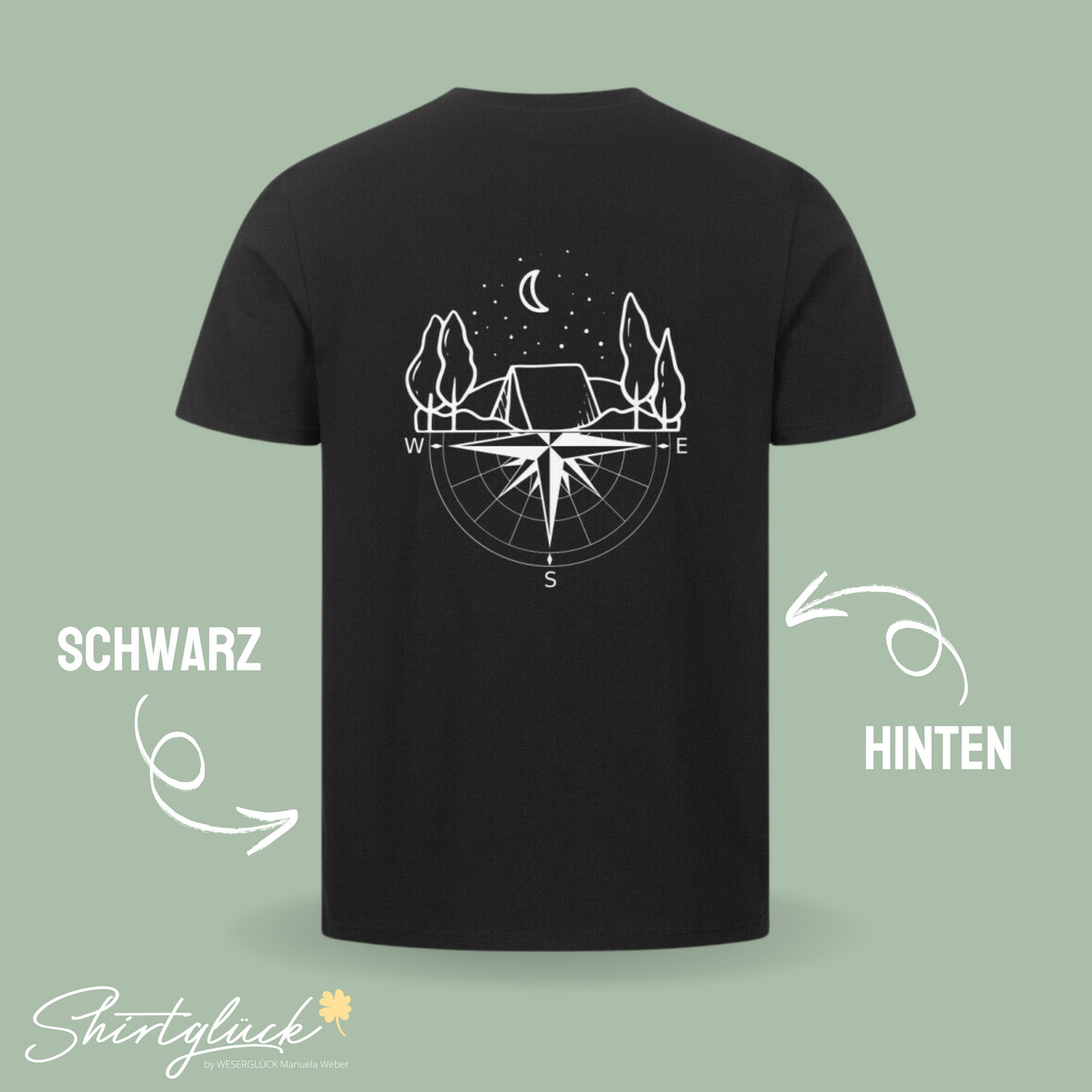 SHIRTGLÜCK Premium Unisex T-Shirt „HAPPYCAMPER“ in schwarz oder blau | Motiv: Zelt im Wald und Kompass