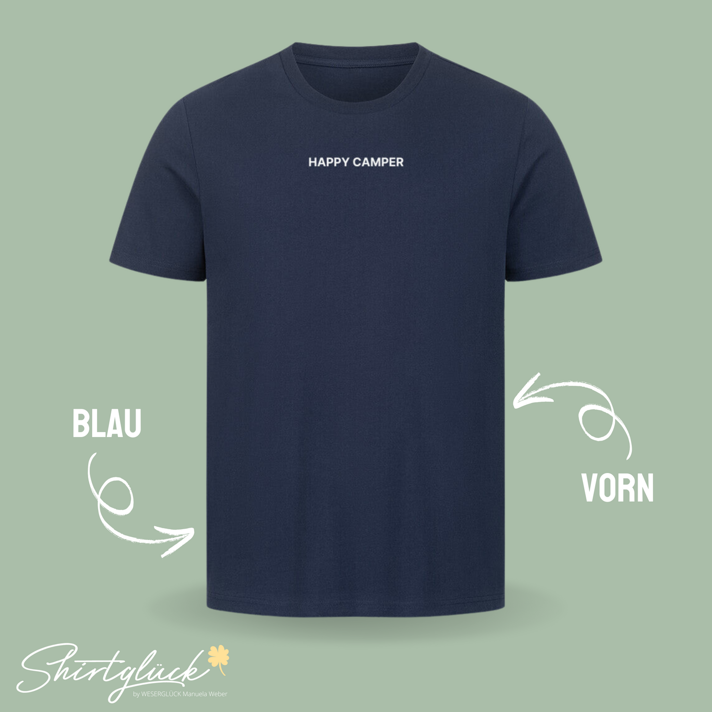 SHIRTGLÜCK Premium Unisex T-Shirt „HAPPYCAMPER“ in schwarz oder blau | Motiv: Zelt im Wald und Kompass