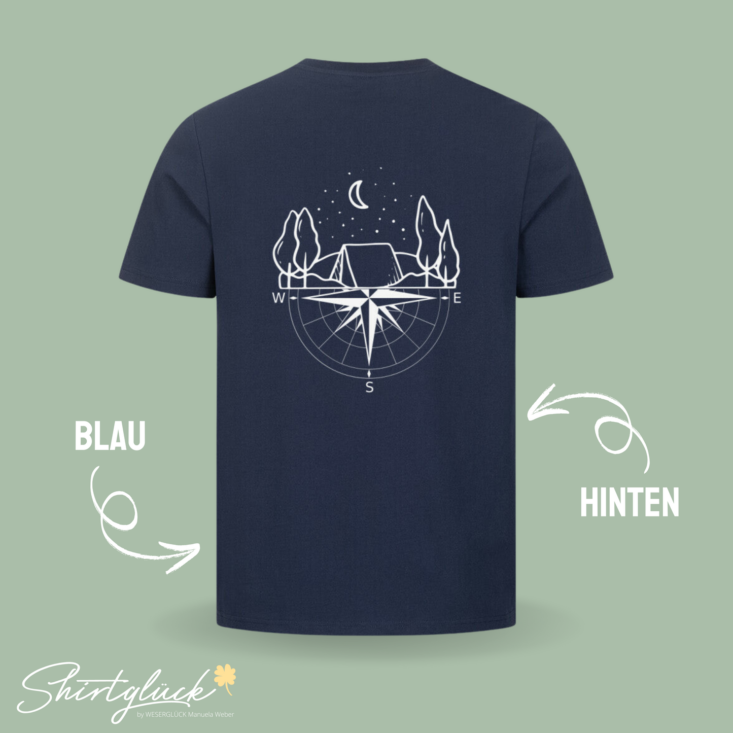 SHIRTGLÜCK Premium Unisex T-Shirt „HAPPYCAMPER“ in schwarz oder blau | Motiv: Zelt im Wald und Kompass