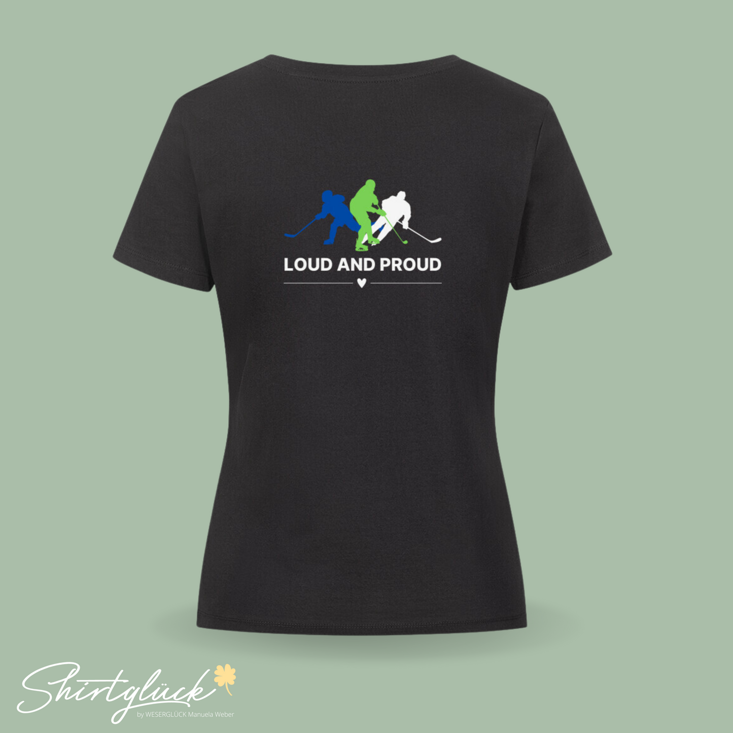 SHIRTGLÜCK Premium Organic T-Shirt Damen „HOCKEYMUM - LOUD AND PROUD“ in schwarz aus 100% Baumwolle