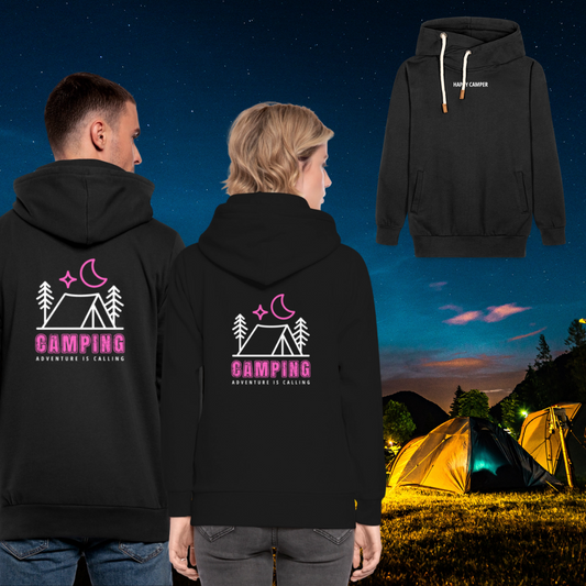 SHIRTGLÜCK Unisex Schalkragen Hoodie "HAPPY CAMPER" mit Zelt in pink